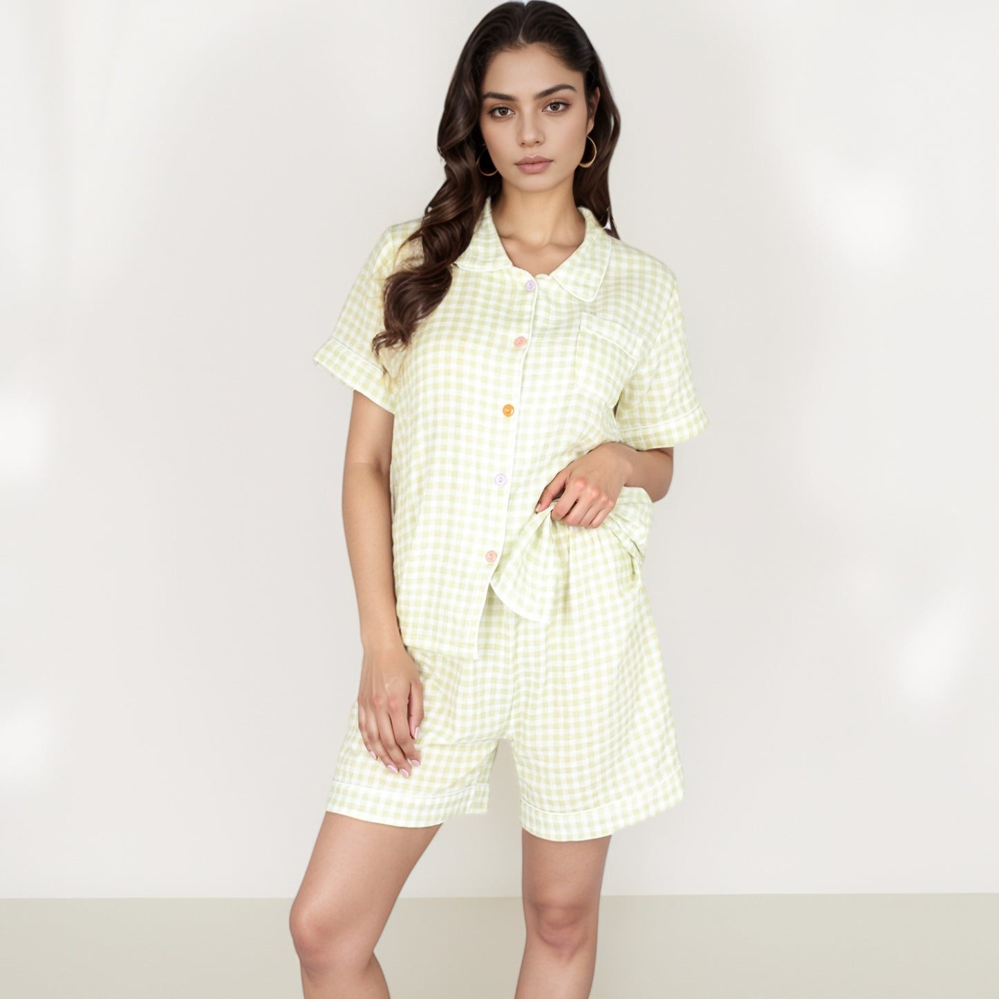 Gingham Short Sleeve Pajama Set with Contrast Buttons and Matching Shorts