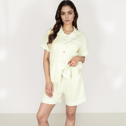 Gingham Short Sleeve Pajama Set with Contrast Buttons and Matching Shorts