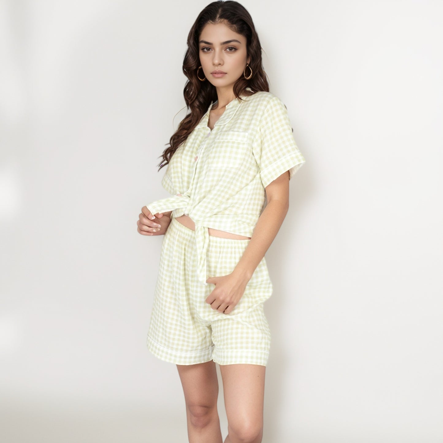 Gingham Short Sleeve Pajama Set with Contrast Buttons and Matching Shorts