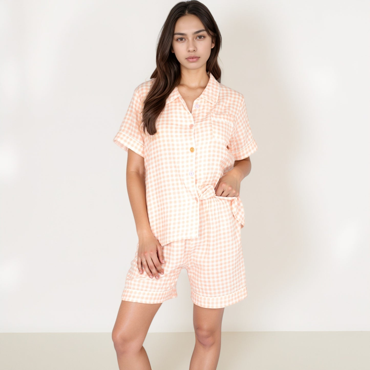 Gingham Short Sleeve Pajama Set with Contrast Buttons and Matching Shorts