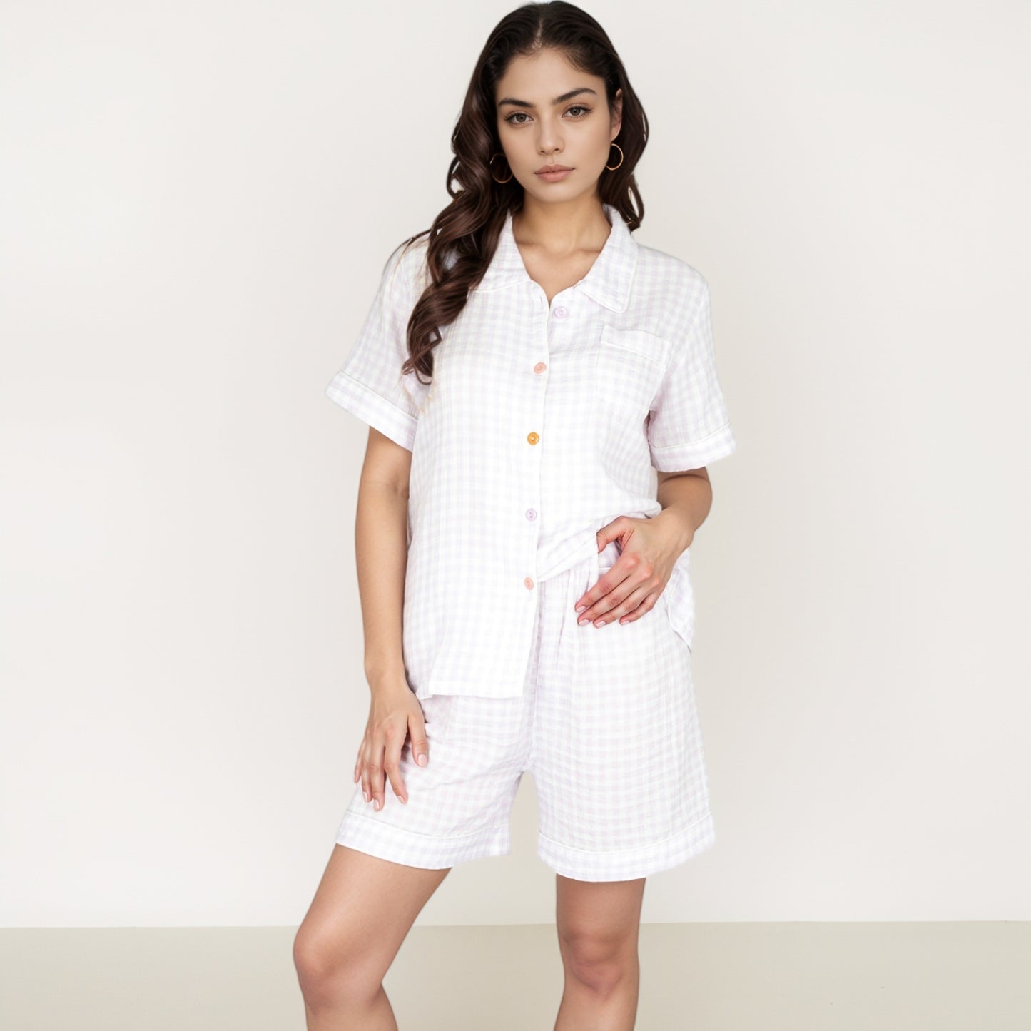Gingham Short Sleeve Pajama Set with Contrast Buttons and Matching Shorts