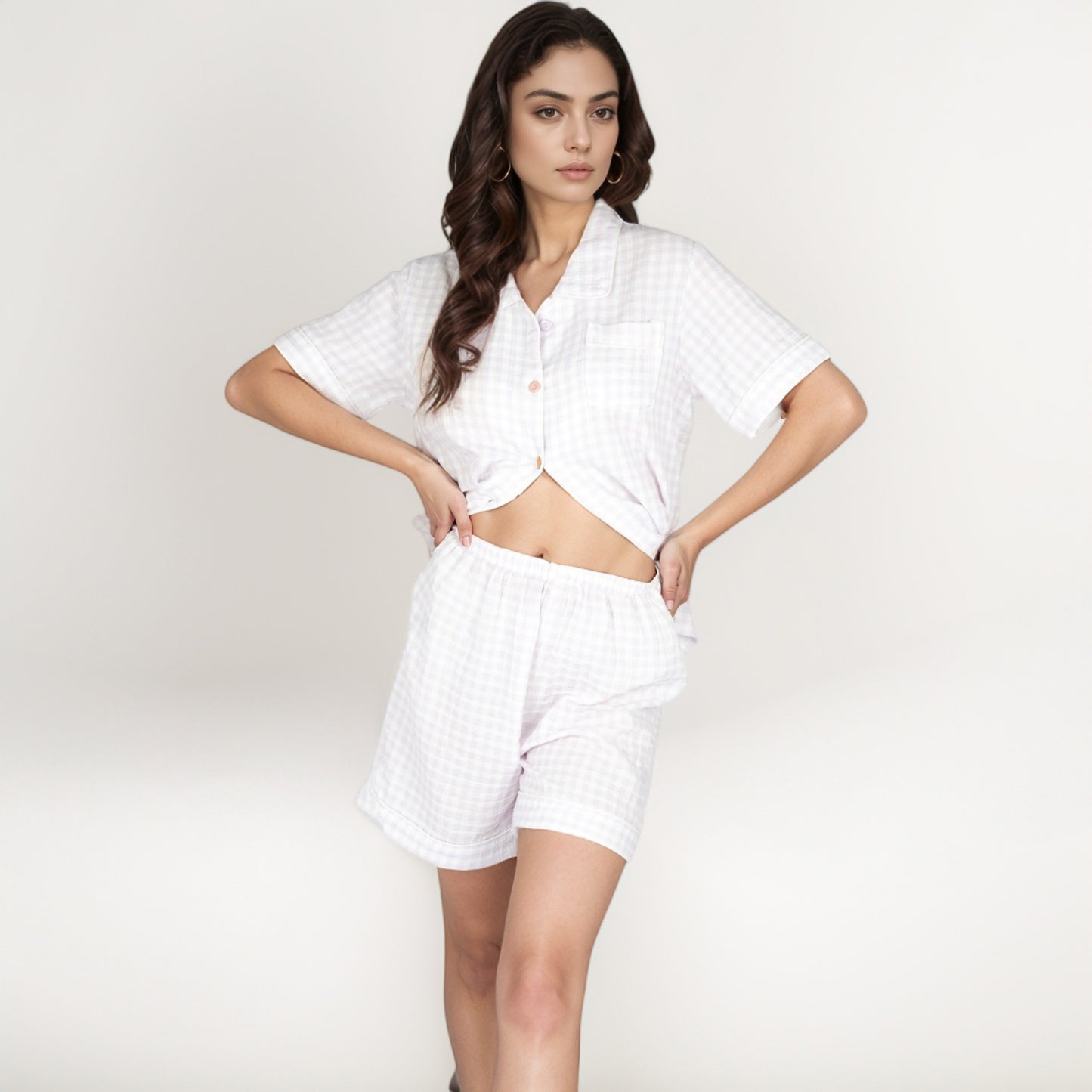Gingham Short Sleeve Pajama Set with Contrast Buttons and Matching Shorts