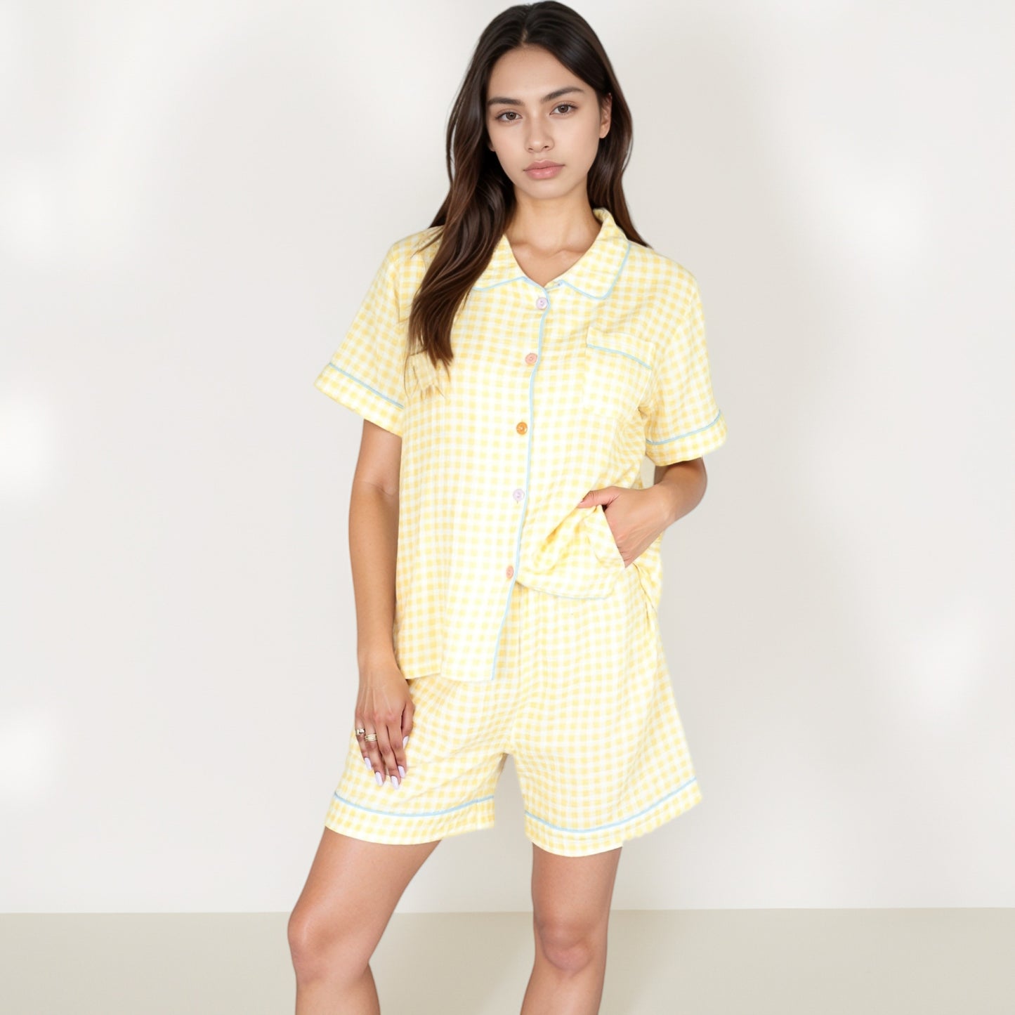 Gingham Short Sleeve Pajama Set with Contrast Buttons and Matching Shorts