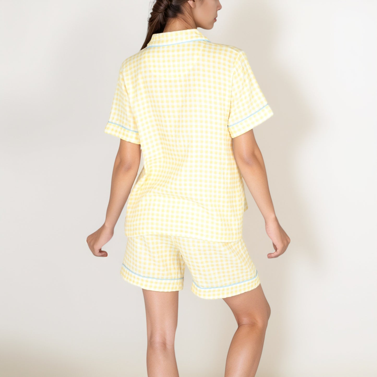 Gingham Short Sleeve Pajama Set with Contrast Buttons and Matching Shorts