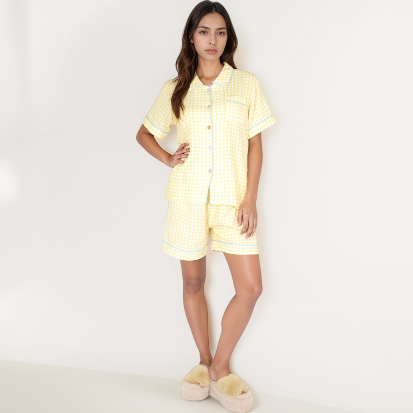 Gingham Short Sleeve Pajama Set with Contrast Buttons and Matching Shorts