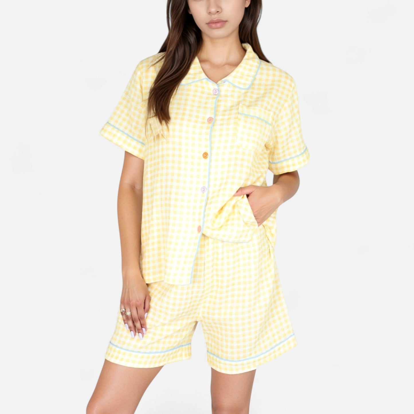 Gingham Short Sleeve Pajama Set with Contrast Buttons and Matching Shorts
