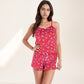 Floral Print Cami Pajama Set with Button Trim and Contrast Lace Edging