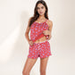Floral Print Cami Pajama Set with Button Trim and Contrast Lace Edging