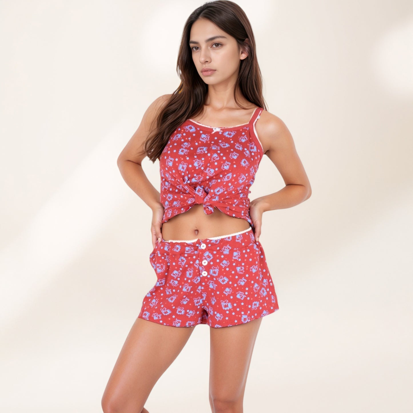 Floral Print Cami Pajama Set with Button Trim and Contrast Lace Edging