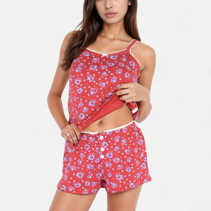 Floral Print Cami Pajama Set with Button Trim and Contrast Lace Edging