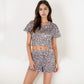Leopard Print Pajama Set with Short Sleeve Crew Neck Crop Top and Matching Elastic Waist Shorts