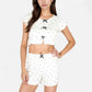 Heart Print Pajama Set with Short Sleeve Cropped Top and Bow Accents with Matching Elastic Waist Shorts