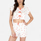 Heart Print Pajama Set with Short Sleeve Cropped Top and Bow Accents with Matching Elastic Waist Shorts