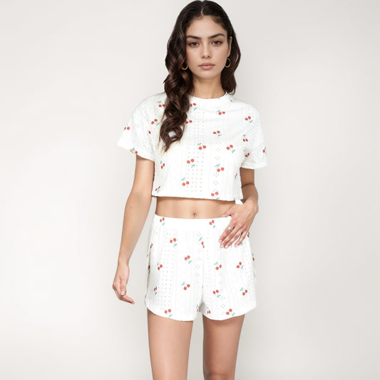 Cherry Print Pajama Set with Cropped Short Sleeve Top and High Waist Relaxed Fit Lounge Shorts