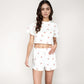 Cherry Print Pajama Set with Cropped Short Sleeve Top and High Waist Relaxed Fit Lounge Shorts