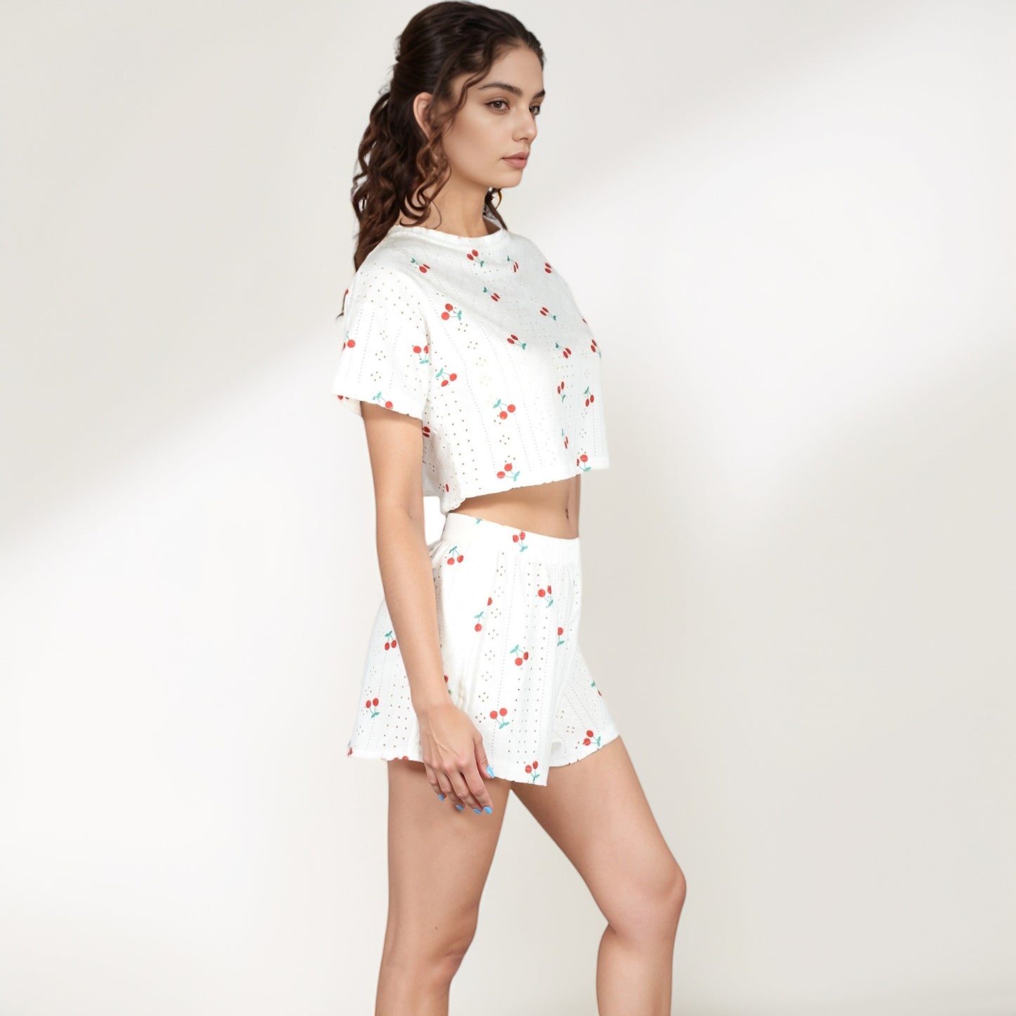 Cherry Print Pajama Set with Cropped Short Sleeve Top and High Waist Relaxed Fit Lounge Shorts