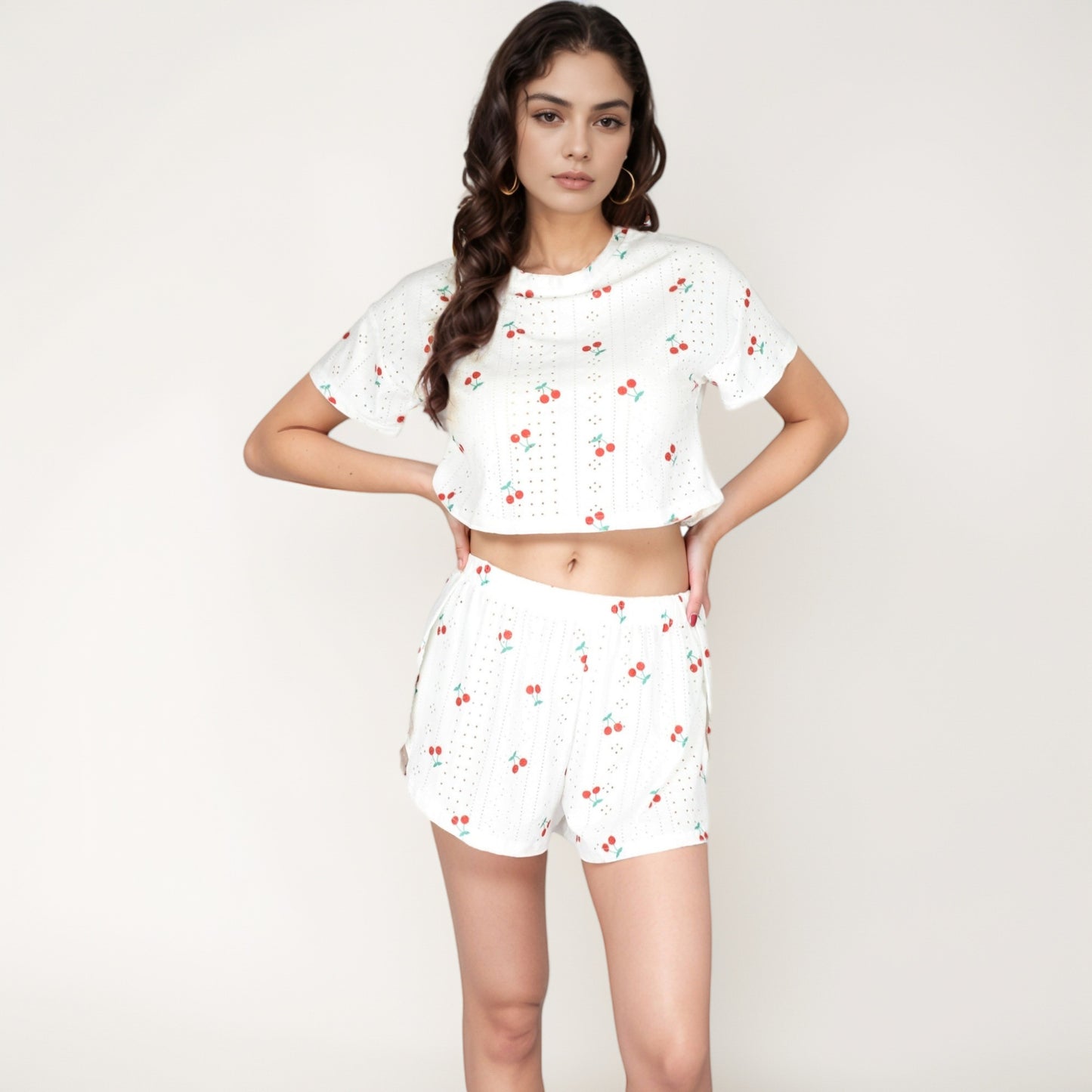 Cherry Print Pajama Set with Cropped Short Sleeve Top and High Waist Relaxed Fit Lounge Shorts