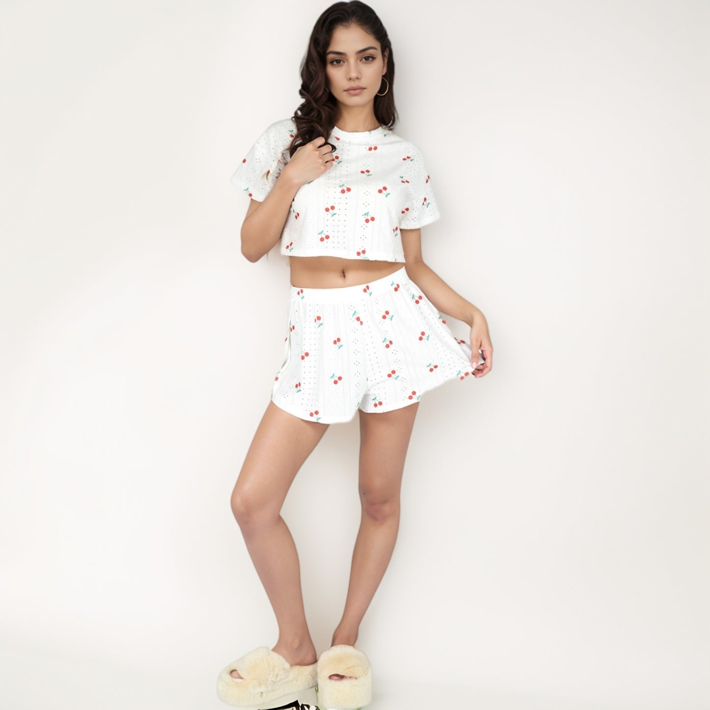 Cherry Print Pajama Set with Cropped Short Sleeve Top and High Waist Relaxed Fit Lounge Shorts