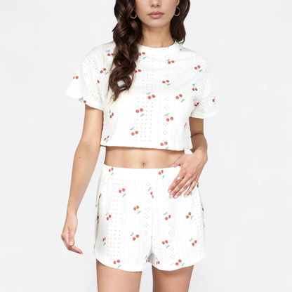 Cherry Print Pajama Set with Cropped Short Sleeve Top and High Waist Relaxed Fit Lounge Shorts