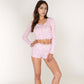 Floral Long Sleeve Pajama Set with Lace Trim Cropped Button Top and High Waist Lounge Shorts