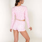 Floral Long Sleeve Pajama Set with Lace Trim Cropped Button Top and High Waist Lounge Shorts