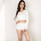 Floral Long Sleeve Pajama Set with Lace Trim Cropped Button Top and High Waist Lounge Shorts