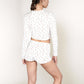 Floral Long Sleeve Pajama Set with Lace Trim Cropped Button Top and High Waist Lounge Shorts