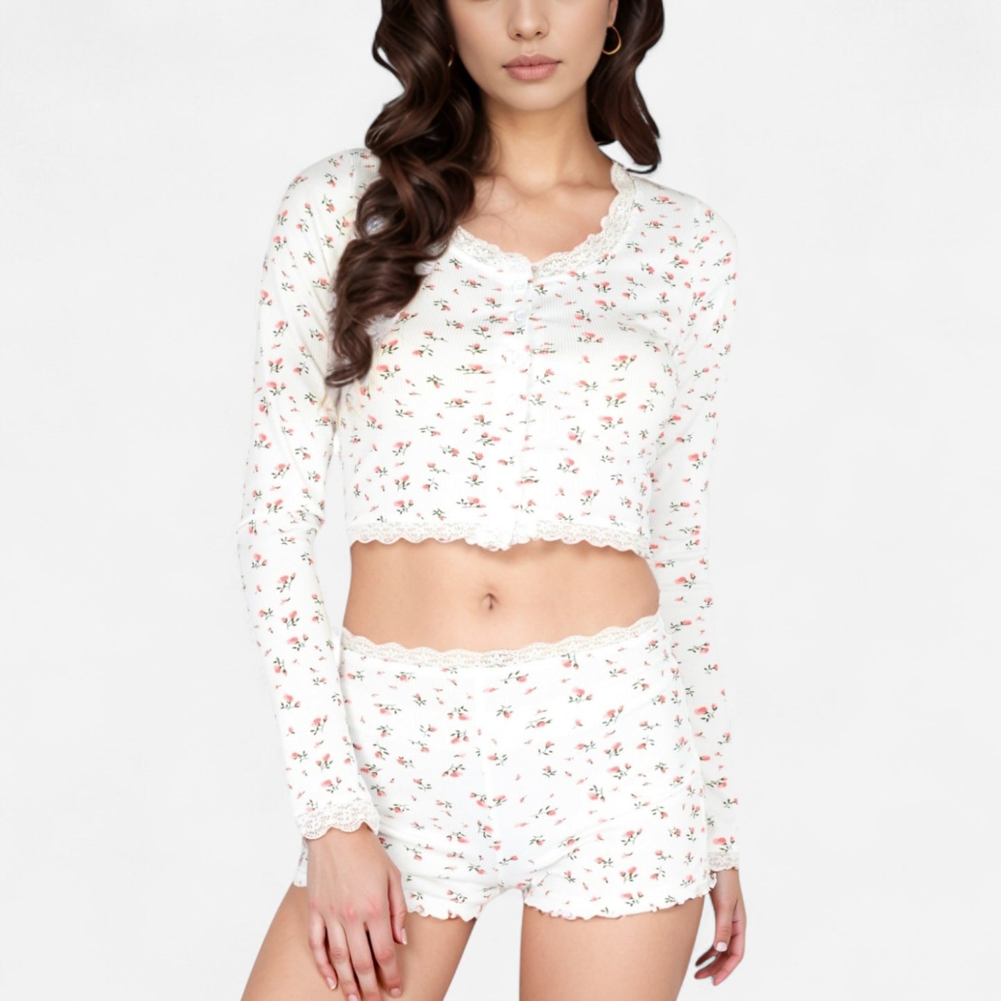Floral Long Sleeve Pajama Set with Lace Trim Cropped Button Top and High Waist Lounge Shorts