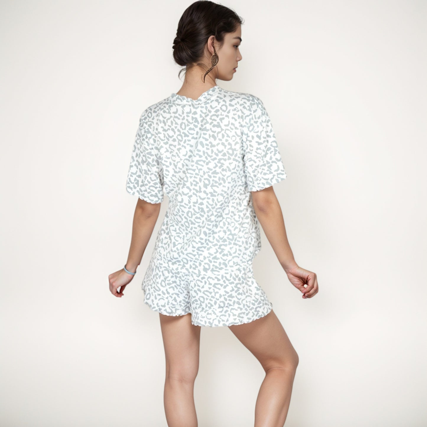 Leopard Print Short Sleeve Pajama Set with Crew Neck Top and Relaxed Fit Lounge Shorts