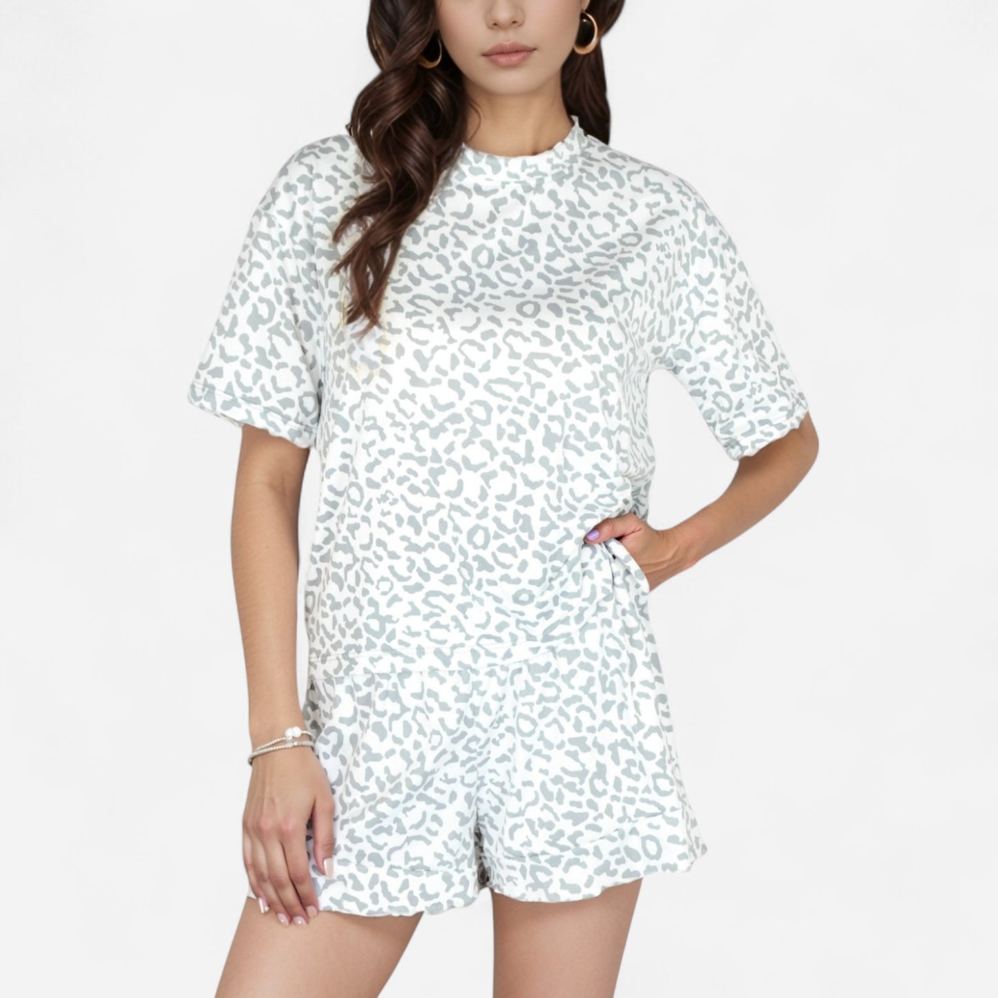 Leopard Print Short Sleeve Pajama Set with Crew Neck Top and Relaxed Fit Lounge Shorts