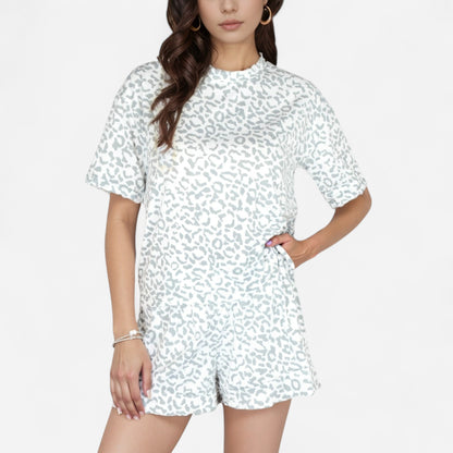 Leopard Print Short Sleeve Pajama Set with Crew Neck Top and Relaxed Fit Lounge Shorts