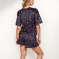 Heart Print Satin Pajama Set with Short Sleeve Crew Neck Top and Ruffle Trim Lounge Shorts