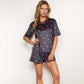 Heart Print Satin Pajama Set with Short Sleeve Crew Neck Top and Ruffle Trim Lounge Shorts