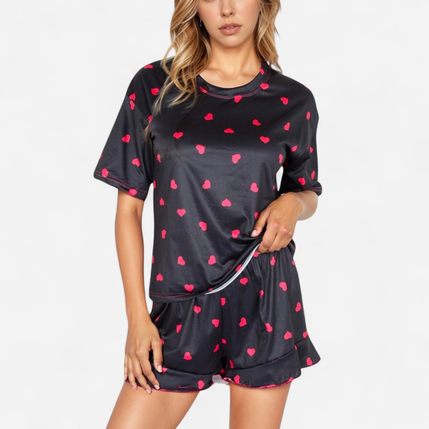 Heart Print Satin Pajama Set with Short Sleeve Crew Neck Top and Ruffle Trim Lounge Shorts