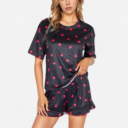 Heart Print Satin Pajama Set with Short Sleeve Crew Neck Top and Ruffle Trim Lounge Shorts