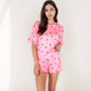 Heart Print Satin Pajama Set with Short Sleeve Crew Neck Top and Ruffle Trim Lounge Shorts