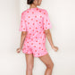 Heart Print Satin Pajama Set with Short Sleeve Crew Neck Top and Ruffle Trim Lounge Shorts