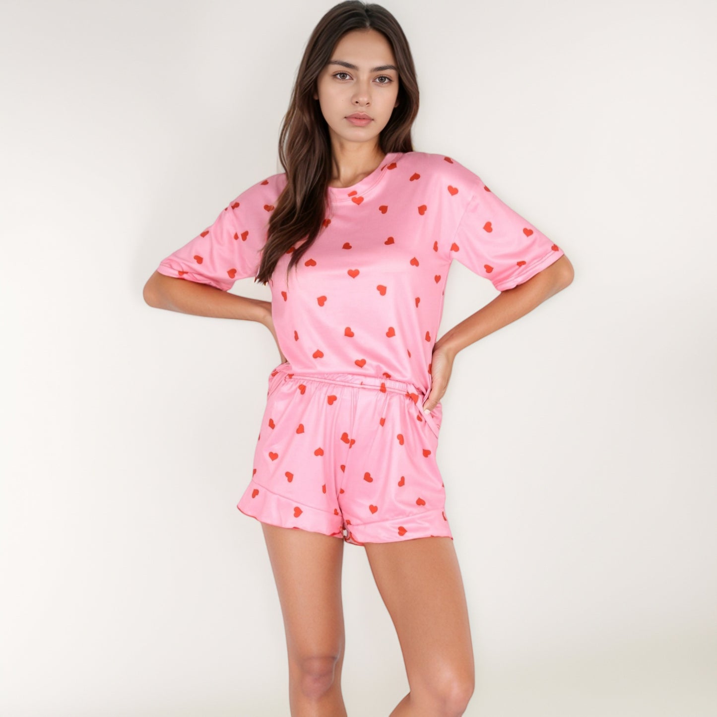 Heart Print Satin Pajama Set with Short Sleeve Crew Neck Top and Ruffle Trim Lounge Shorts