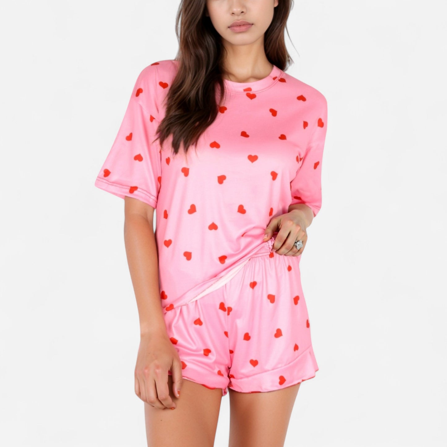 Heart Print Satin Pajama Set with Short Sleeve Crew Neck Top and Ruffle Trim Lounge Shorts
