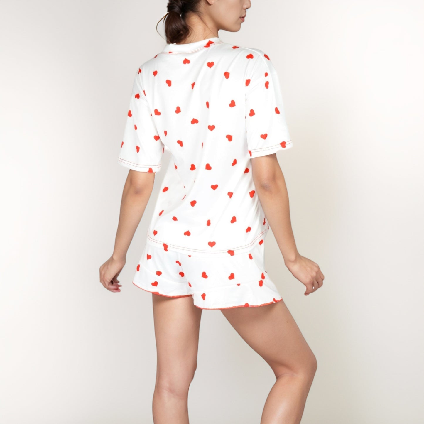 Heart Print Satin Pajama Set with Short Sleeve Crew Neck Top and Ruffle Trim Lounge Shorts