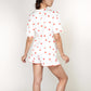 Heart Print Satin Pajama Set with Short Sleeve Crew Neck Top and Ruffle Trim Lounge Shorts