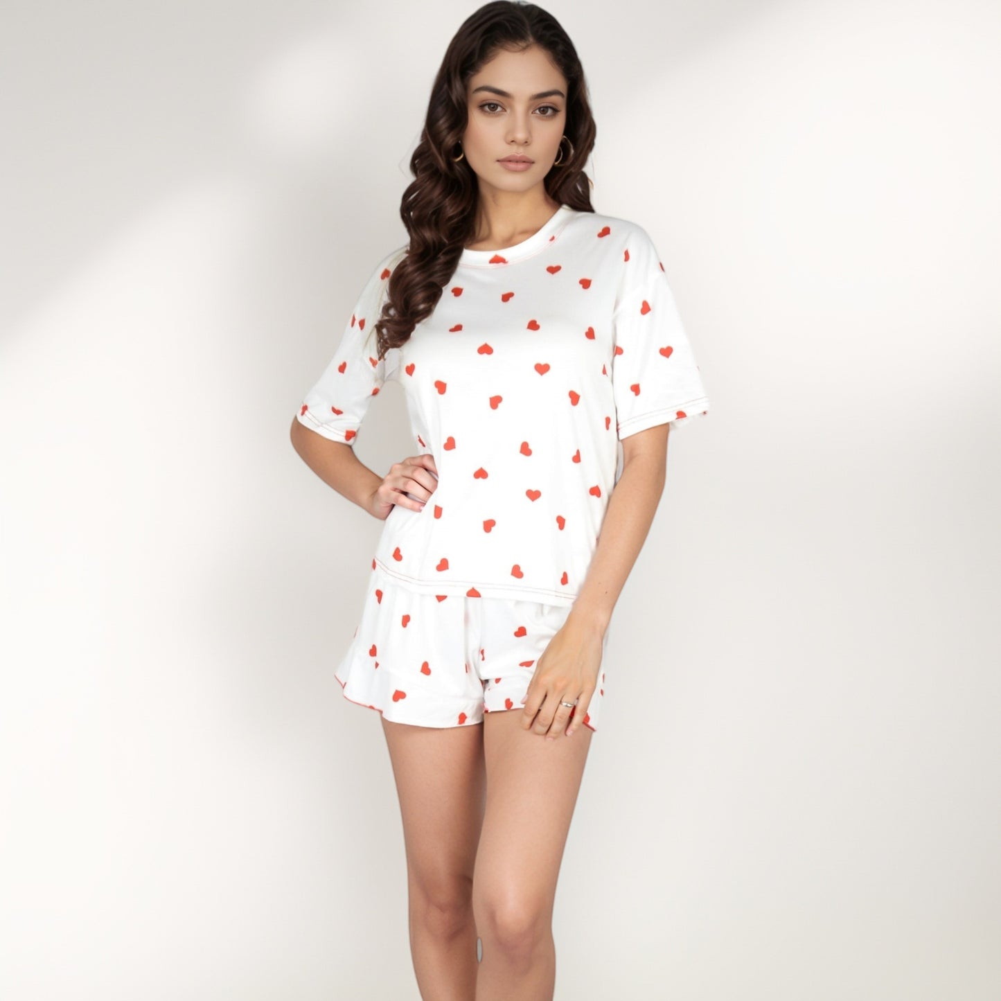 Heart Print Satin Pajama Set with Short Sleeve Crew Neck Top and Ruffle Trim Lounge Shorts