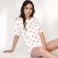 Heart Print Satin Pajama Set with Short Sleeve Crew Neck Top and Ruffle Trim Lounge Shorts