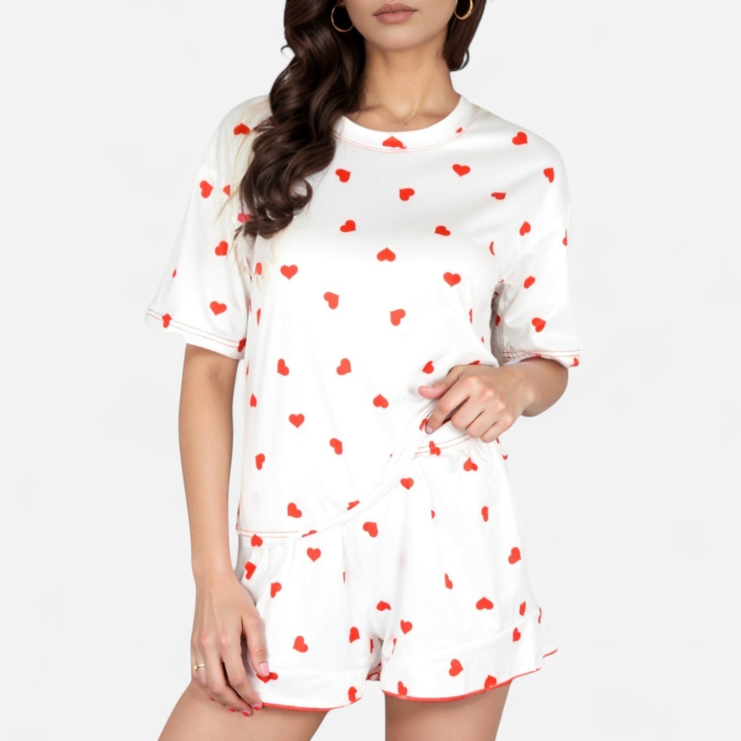 Heart Print Satin Pajama Set with Short Sleeve Crew Neck Top and Ruffle Trim Lounge Shorts