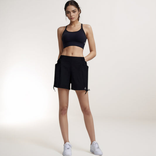 High Waist Active Shorts with Elastic Side Waistband Large Pockets and Adjustable Drawstring Hem