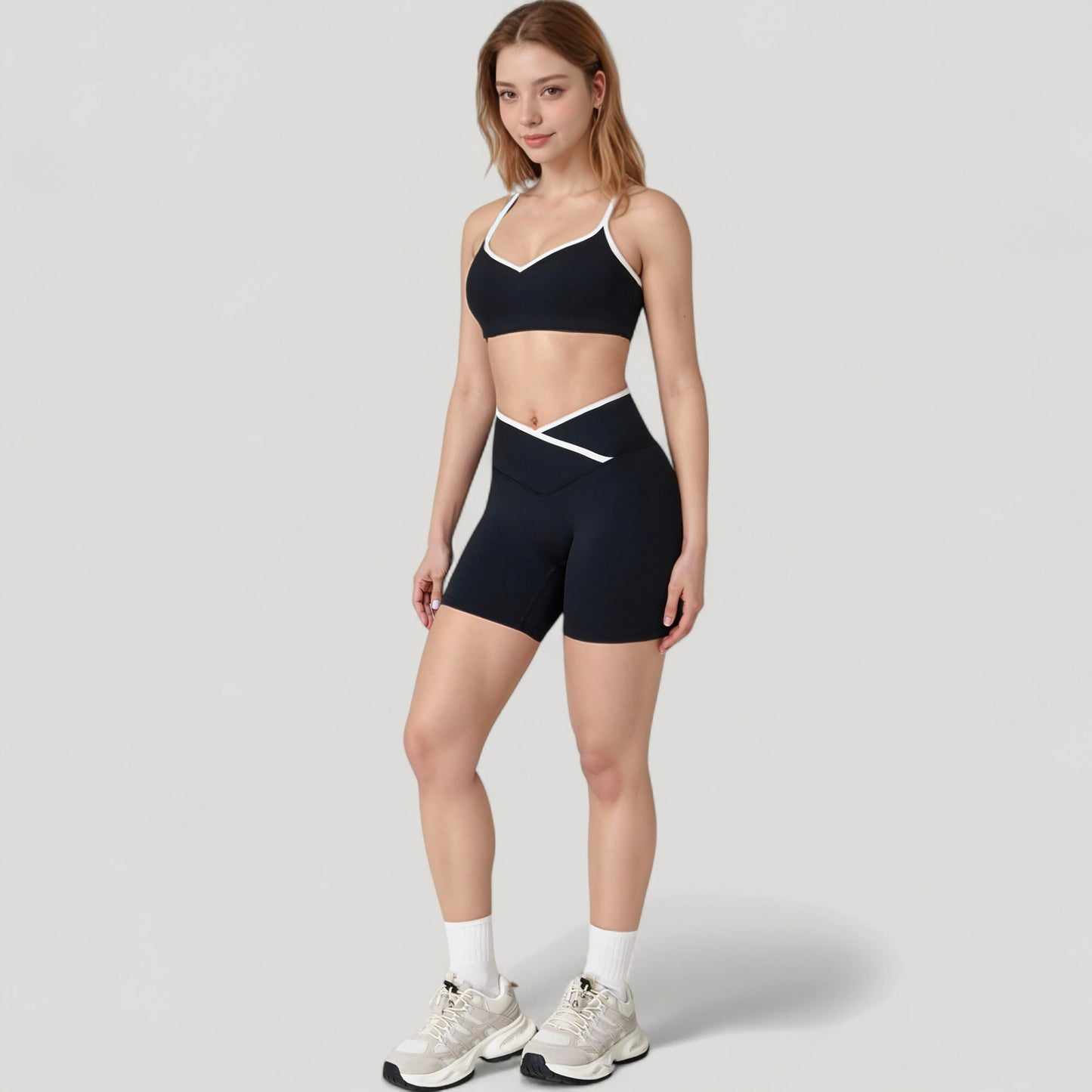 V-Neck Sports Bra with Contrast Trim and Thin Adjustable Straps