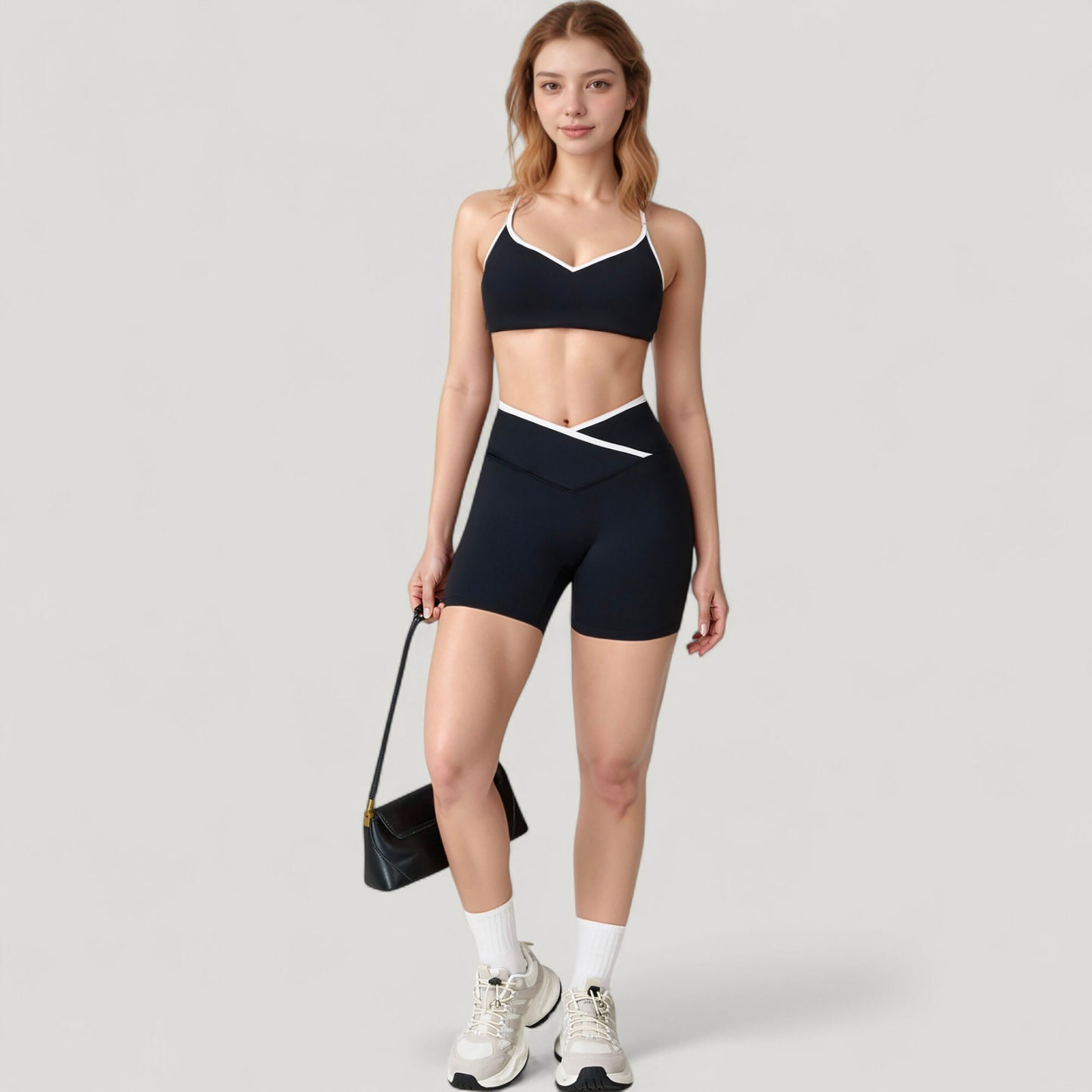 V-Neck Sports Bra with Contrast Trim and Thin Adjustable Straps