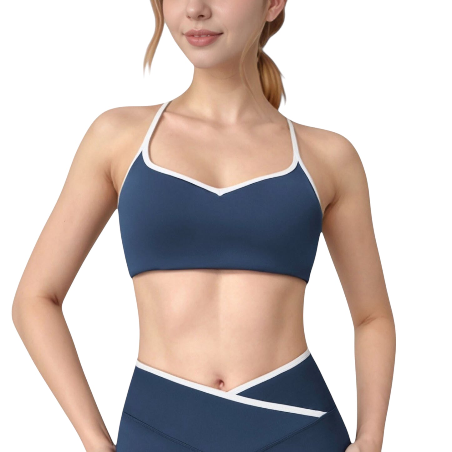 V-Neck Sports Bra with Contrast Trim and Thin Adjustable Straps