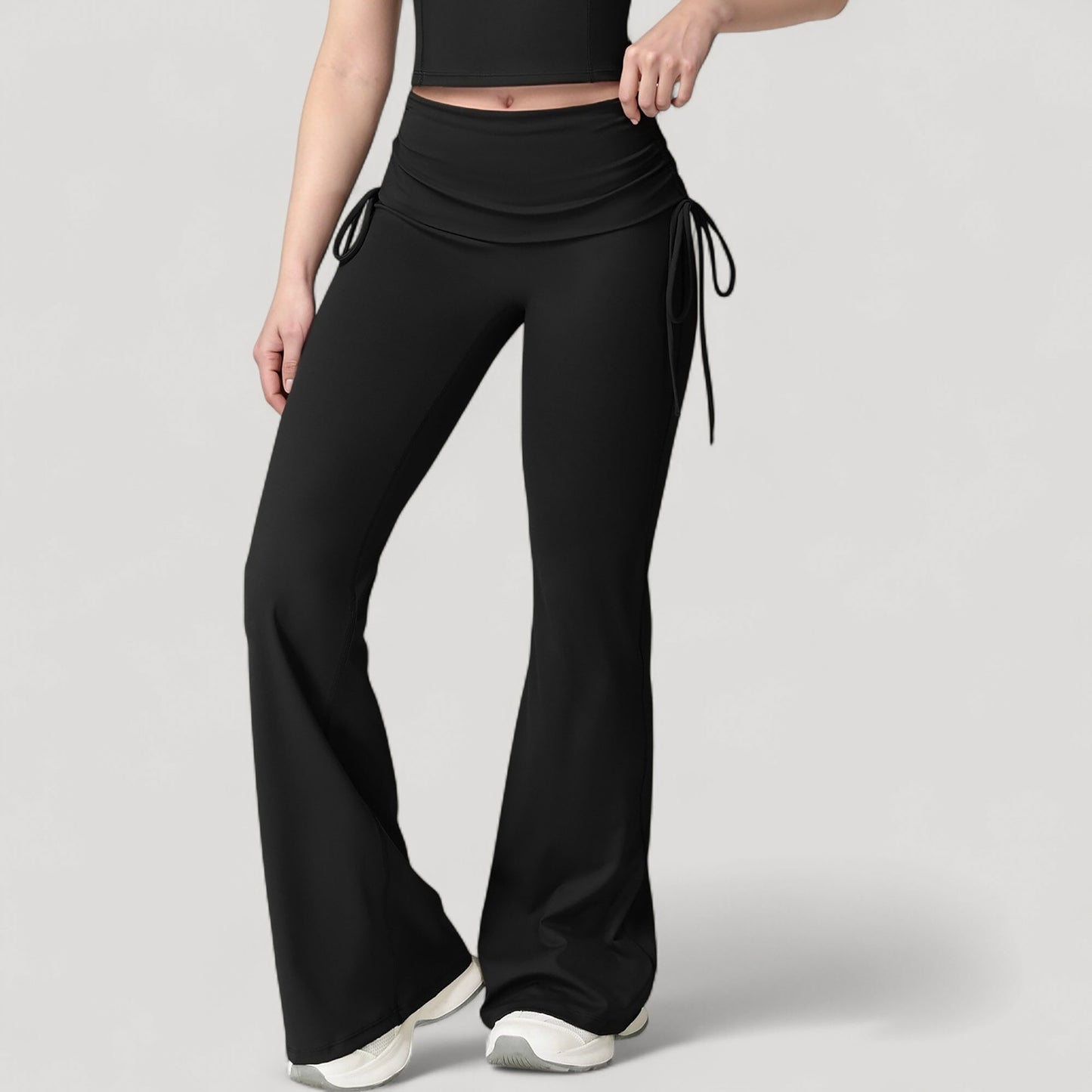Drawstring Ruched Waist Flared Leg Pants Stretch Fabric Active Yoga Lounge Bottoms