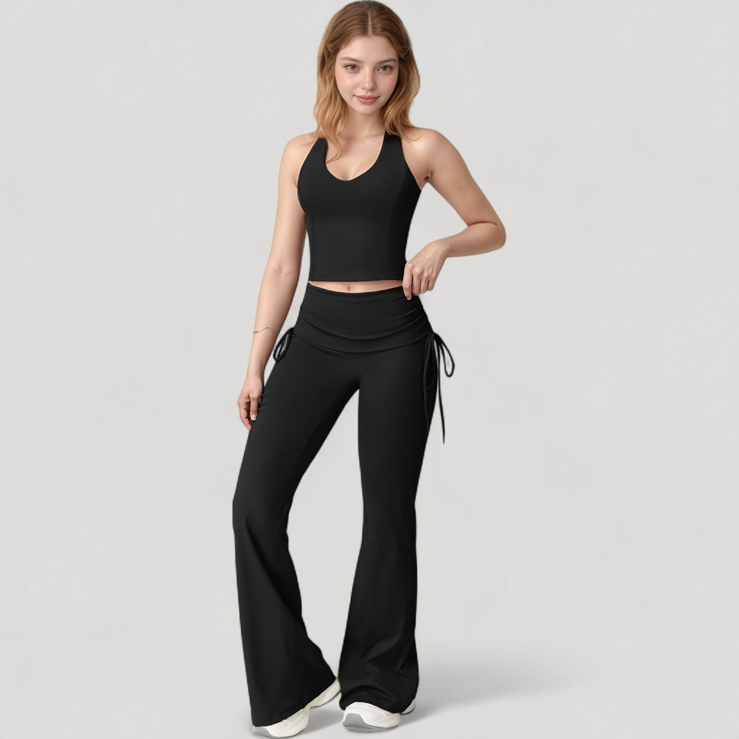 Drawstring Ruched Waist Flared Leg Pants Stretch Fabric Active Yoga Lounge Bottoms
